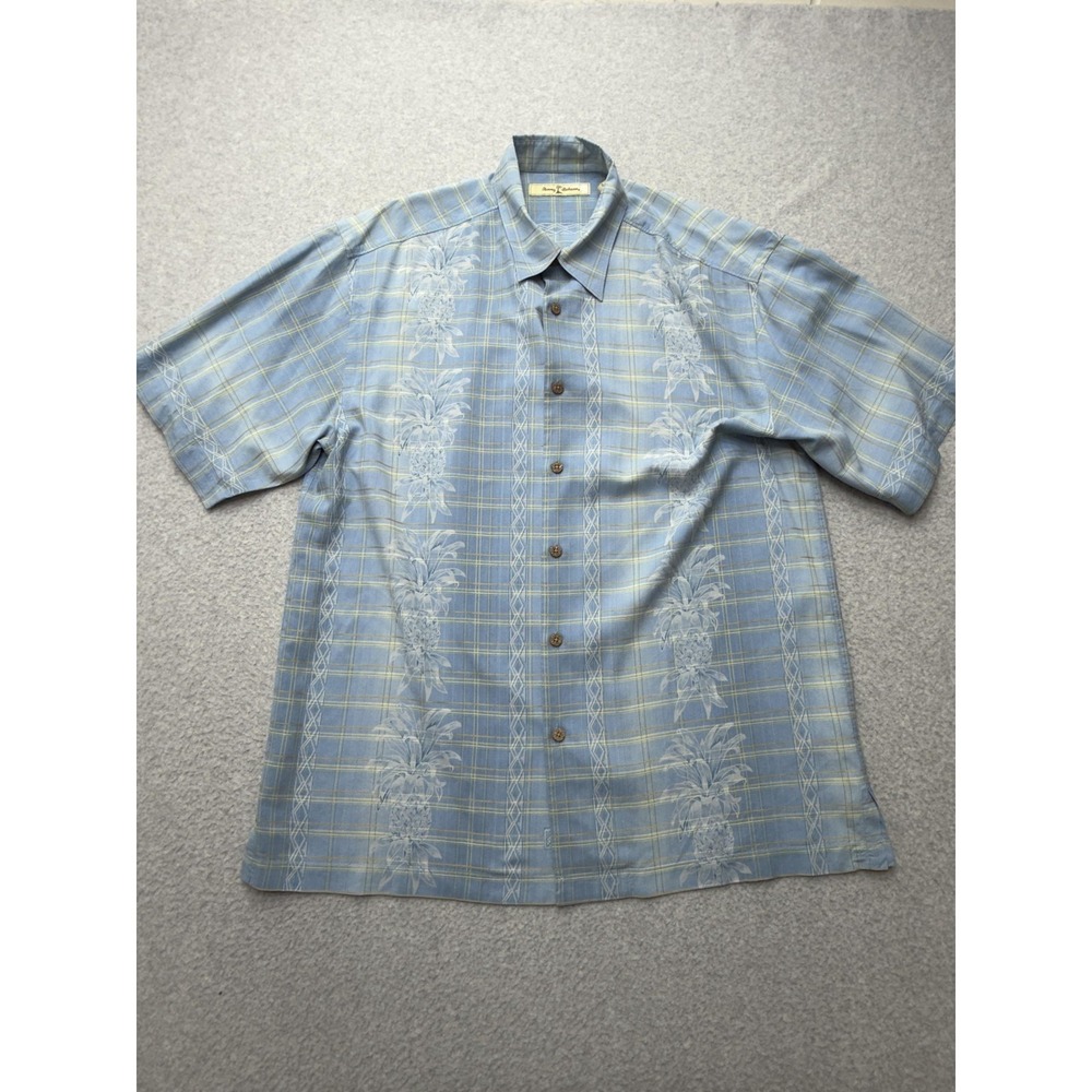 Tommy Bahama Shirt Mens Large Blue Plaid Pineapple Silk Short Sleeve Casual
